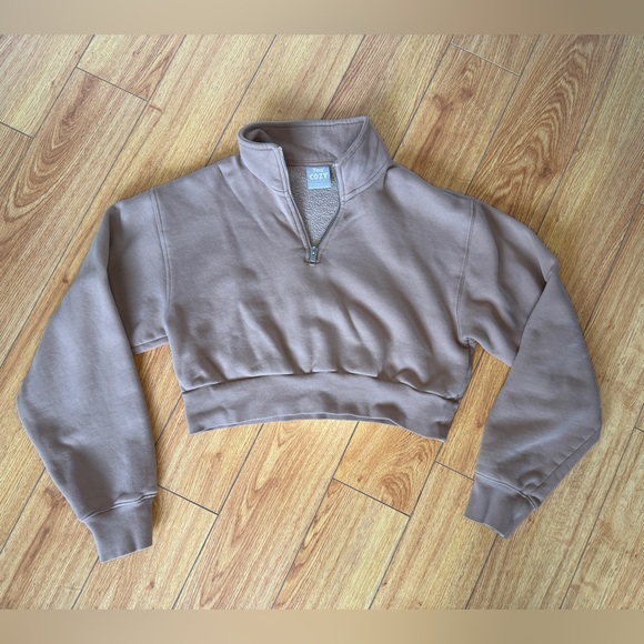 TNA Tops - TNA Cozy 1/4-Zip Cropped Sweatshirt - Taupe size Small